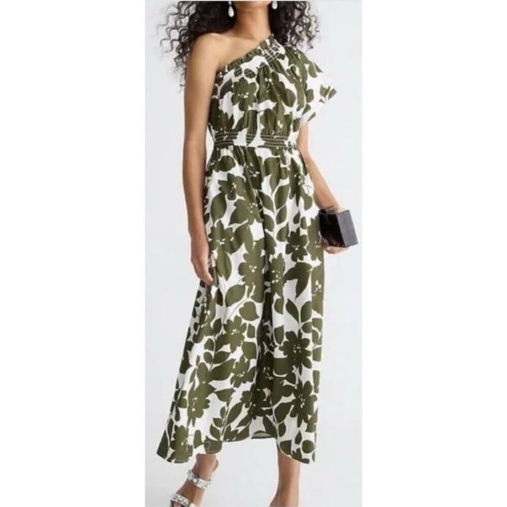 J. Crew Smocked Cotton Poplin One-Shoulder Dress in Leafy Floral Size XXS